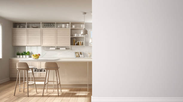 istock Modern white and wooden kitchen with island and stools on a foreground wall, interior design architecture idea, concept with copy space, blank background 1136156483
