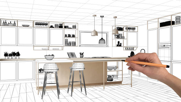 istock Unfinished project, under construction draft, concept interior design sketch, hand drawing real kitchen sketch with blueprint background, architect and designer idea 1136156717