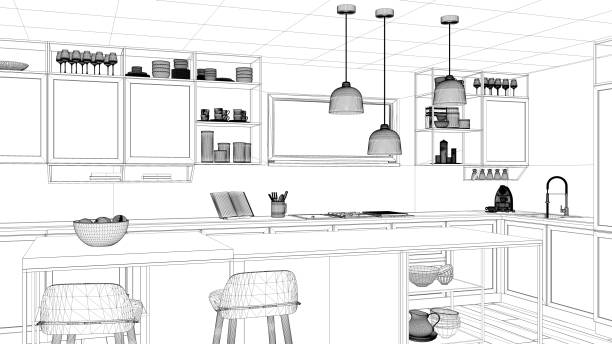 istock Interior design project, black and white ink sketch, architecture blueprint showing modern kitchen, island with stools and accessories, contemporary architecture 1136157123