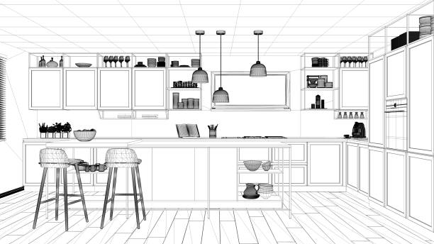istock Interior design project, black and white ink sketch, architecture blueprint showing modern kitchen, island with stools and accessories, contemporary architecture 1136157175