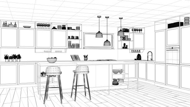 istock Interior design project, black and white ink sketch, architecture blueprint showing modern kitchen, island with stools and accessories, contemporary architecture 1136157686
