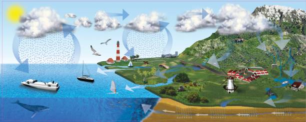 3D illustration of water and weather cycle stock photo