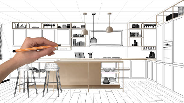 istock Unfinished project, under construction draft, concept interior design sketch, hand drawing real kitchen sketch with blueprint background, architect and designer idea 1136157975