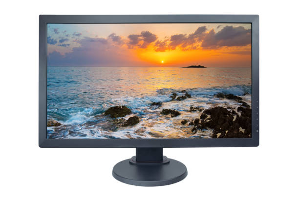 istock Computer monitor isolated on white with screensaver running 1136158000