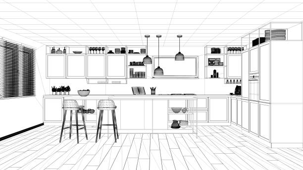 istock Interior design project, black and white ink sketch, architecture blueprint showing modern kitchen, island with stools and accessories, contemporary architecture 1136158024