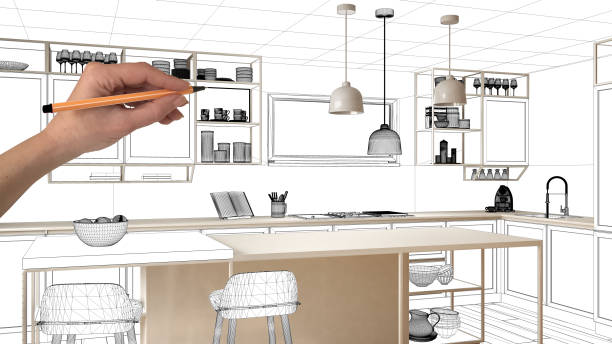 istock Unfinished project, under construction draft, concept interior design sketch, hand drawing real kitchen sketch with blueprint background, architect and designer idea 1136158110