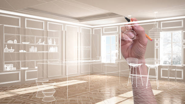 istock Empty white interior with parquet floor and stucco molded walls, hand drawing custom architecture design, white ink sketch, blueprint showing modern kitchen 1136158129