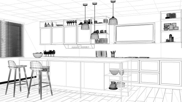istock Interior design project, black and white ink sketch, architecture blueprint showing modern kitchen, island with stools and accessories, contemporary architecture 1136159124