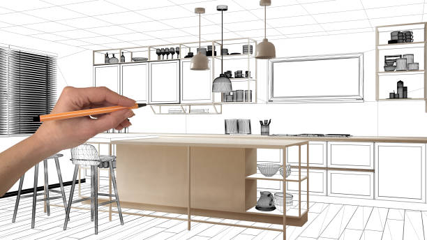 istock Unfinished project, under construction draft, concept interior design sketch, hand drawing real kitchen sketch with blueprint background, architect and designer idea 1136159140