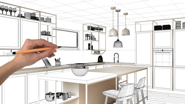 istock Unfinished project, under construction draft, concept interior design sketch, hand drawing real kitchen sketch with blueprint background, architect and designer idea 1136159168