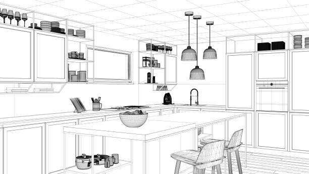istock Interior design project, black and white ink sketch, architecture blueprint showing modern kitchen, island with stools and accessories, contemporary architecture 1136159268