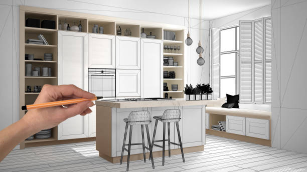 istock Unfinished project, under construction draft, concept interior design sketch, hand drawing real kitchen sketch with blueprint background, architect and designer idea 1136159384