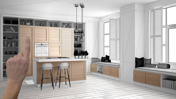 istock Unfinished project, under construction draft, concept interior design sketch, hand pointing real wooden kitchen with blueprint background, architect and designer idea 1136159642