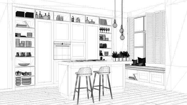 istock Interior design project, black and white ink sketch, architecture blueprint showing modern kitchen in contemporary luxury apartment with parquet floor, contemporary architecture 1136159659