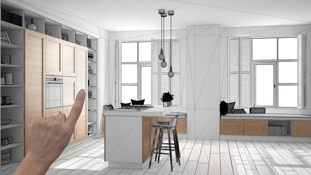 istock Unfinished project, under construction draft, concept interior design sketch, hand pointing real wooden kitchen with blueprint background, architect and designer idea 1136160316
