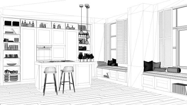 istock Interior design project, black and white ink sketch, architecture blueprint showing modern kitchen in contemporary luxury apartment with parquet floor, contemporary architecture 1136160421