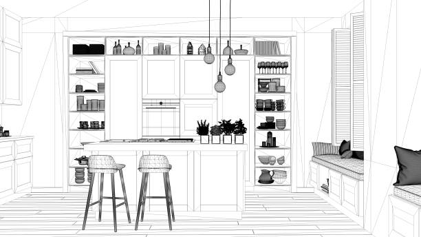 istock Interior design project, black and white ink sketch, architecture blueprint showing modern kitchen in contemporary luxury apartment with parquet floor, contemporary architecture 1136160458