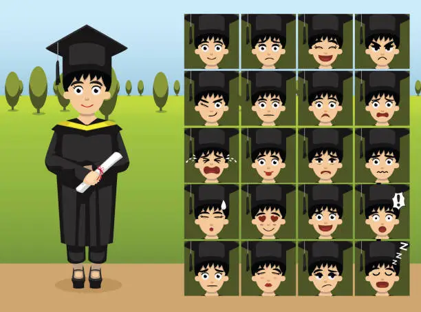 Vector illustration of Graduation Clothes Girl Cartoon Emotion faces Vector Illustration-01