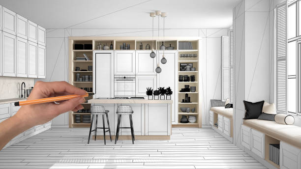 istock Unfinished project, under construction draft, concept interior design sketch, hand drawing real kitchen sketch with blueprint background, architect and designer idea 1136160604