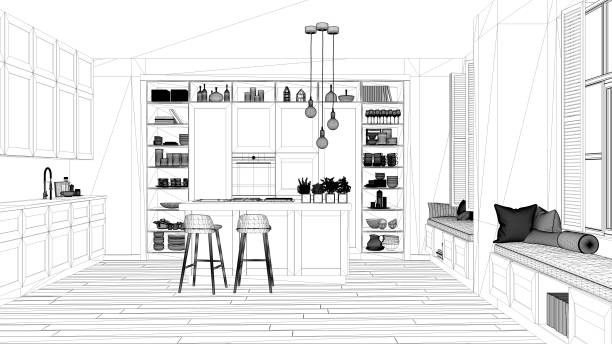 istock Interior design project, black and white ink sketch, architecture blueprint showing modern kitchen in contemporary luxury apartment with parquet floor, contemporary architecture 1136160741