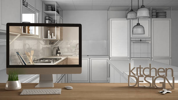 istock Architect designer project concept, wooden table with house keys, 3D letters words kitchen design and desktop showing draft, blueprint CAD sketch in the background, white interior design 1136160784