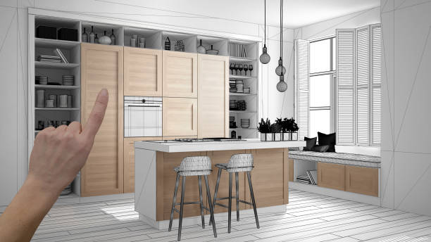 istock Unfinished project, under construction draft, concept interior design sketch, hand pointing real wooden kitchen with blueprint background, architect and designer idea 1136160792