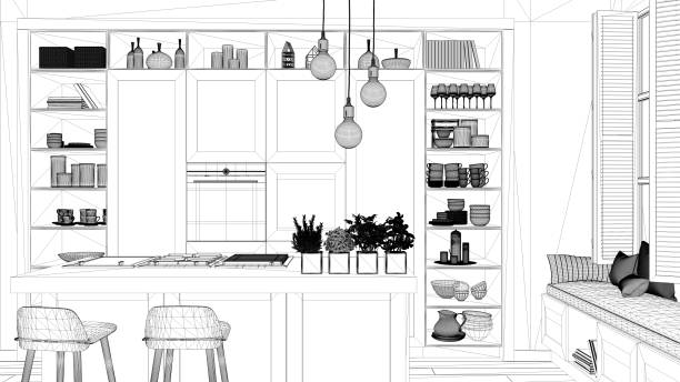 istock Interior design project, black and white ink sketch, architecture blueprint showing modern kitchen in contemporary luxury apartment with parquet floor, contemporary architecture 1136160831