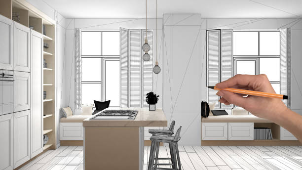 istock Unfinished project, under construction draft, concept interior design sketch, hand drawing real kitchen sketch with blueprint background, architect and designer idea 1136160943