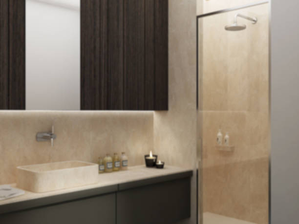 istock Blur background interior design, modern bathroom with marble details, limestone travertine, sink with wooden furniture and shower with glass, minimalist architecture concept idea 1136161799