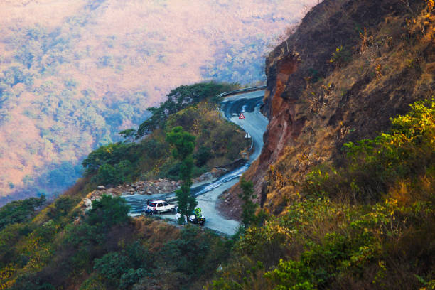 View and road from Sinhagad Fort, Pune, Maharashtra.