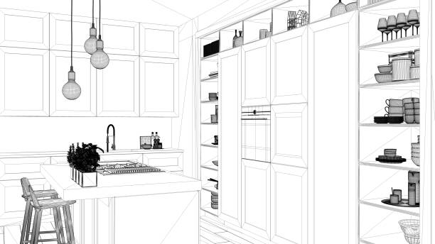 istock Interior design project, black and white ink sketch, architecture blueprint showing modern kitchen in contemporary luxury apartment with parquet floor, contemporary architecture 1136162248