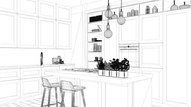 istock Interior design project, black and white ink sketch, architecture blueprint showing modern kitchen in contemporary luxury apartment with parquet floor, contemporary architecture 1136163200