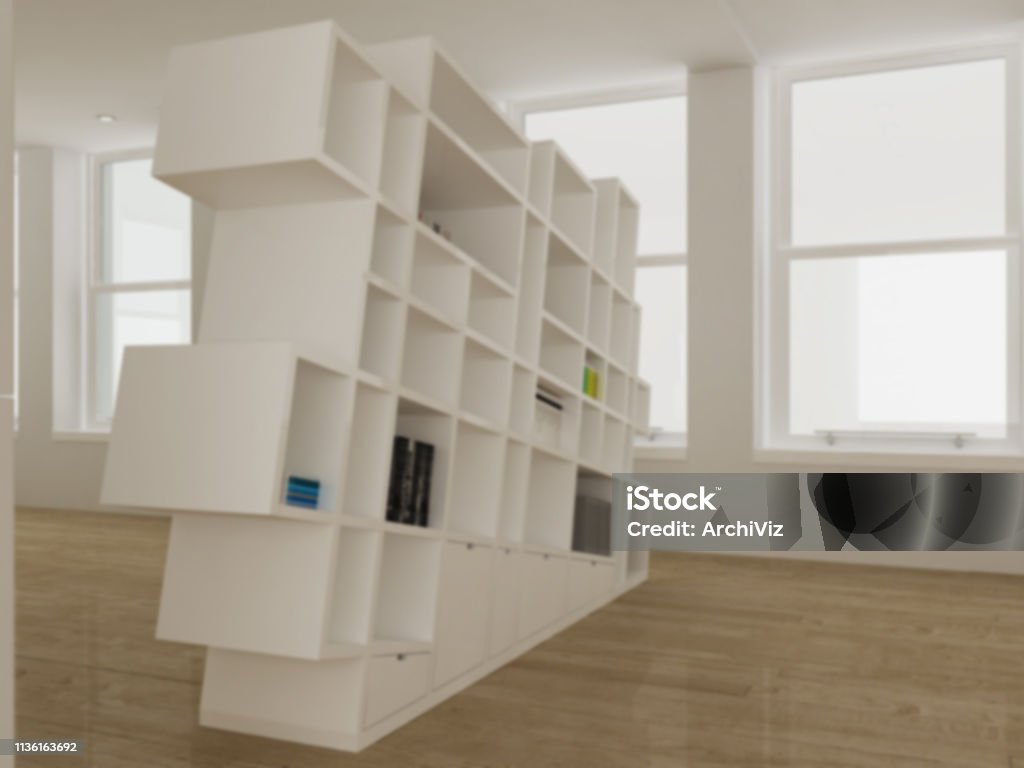 Blur Interior Design Concept Idea Modern Minimalist White Bookshelf ...