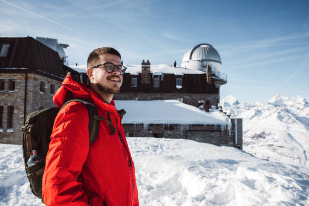 TV and radio antennas known as La Bola del Mundo in Navacerrada, Madrid, Spain, on a snow-covered mountain.