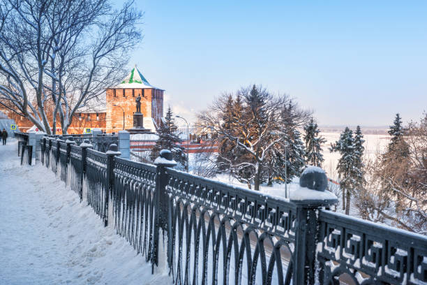 St. George's Tower of the Novgorod Kremlin and Chkalov Monument on the Volga Embankment on a sunny winter day