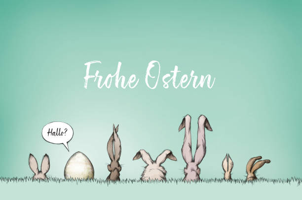 Some Easter bunnies with surprise egg and lettering Illustration of some Easter bunnies with surprise egg and lettering wiese stock illustrations