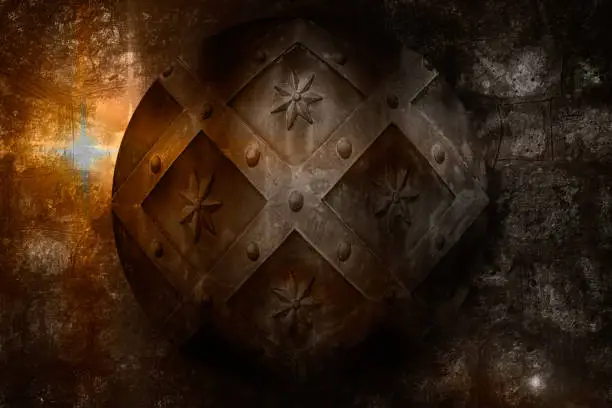 aged circle medieval shield over dark castle stone wall