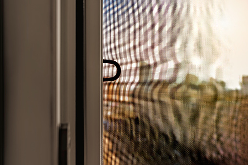 Open window with a mosquito screen to prevent insects and bugs, like flies, bees, mosquitoes or wasps from entering