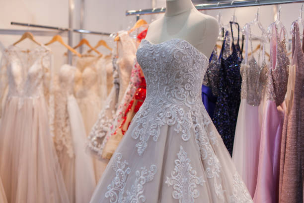 istock Beautiful wedding dress on a mannequin. 1136175306