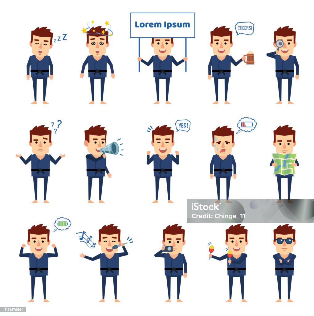 Set of martial art master characters in blue kimono showing various actions. Funny sportsman holding signboard, map, loudspeaker, singing and showing other actions Flat design vector illustration Adult stock vector