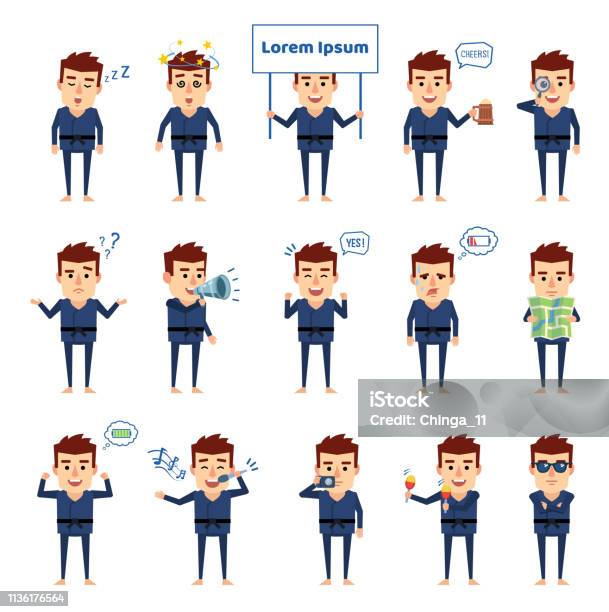 Set Of Martial Art Master Characters In Blue Kimono Showing Various Actions Funny Sportsman Holding Signboard Map Loudspeaker Singing And Showing Other Actions Stock Illustration - Download Image Now