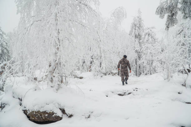 istock A young man walking in a winter forest at beautiful sunny day, view from back 1136179708