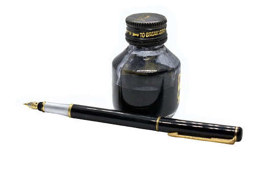 Old fashioned hand writing equipment, Ink pot and fountain pen