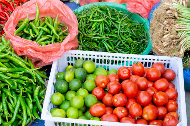 asian vegetable tomatoes lime green pepper in hoi an - lime market vietnam fruit imagens e fotografias de stock