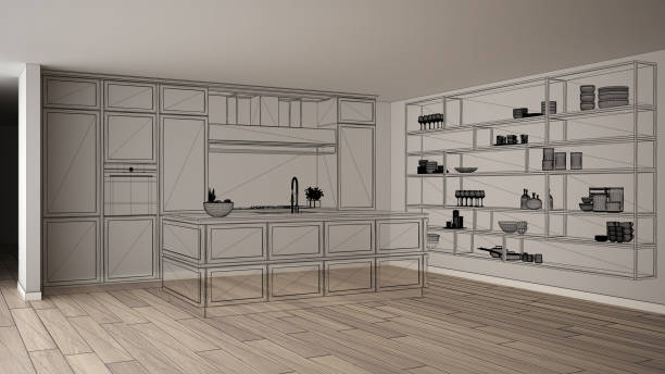istock Empty white interior with parquet floor, custom architecture design project, black ink sketch, blueprint showing classic kitchen 1136188060