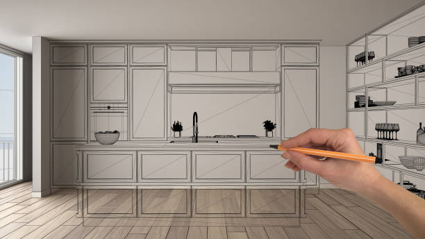 istock Empty white interior with parquet floor, hand drawing custom architecture design, black ink sketch, blueprint showing modern kitchen 1136188251