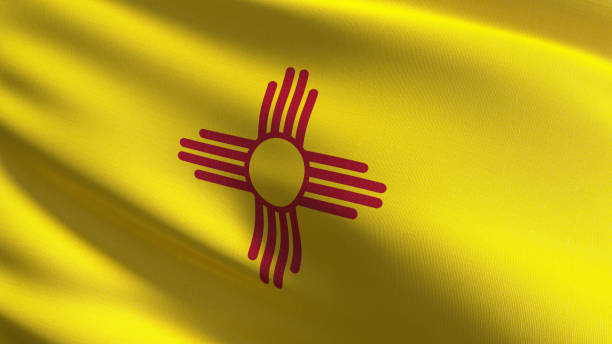 bandeira do estado de new mexico nos estados unidos da américa, eua, soprando no vento isolado. projeto abstrato patriótico oficial. ilustração da rendição 3d do símbolo de ondulação do sinal. - new mexico flag - fotografias e filmes do acervo