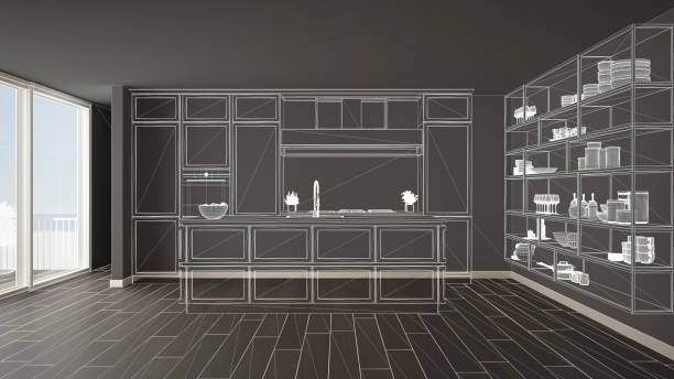 istock Empty white interior with parquet floor and big panoramic window, custom architecture design project, white ink sketch, blueprint showing classic kitchen 1136188799