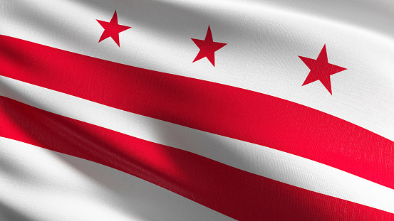Washington, D.C. state flag in The United States of America, USA, blowing in the wind isolated. Official patriotic abstract design. 3D rendering illustration of waving sign symbol.