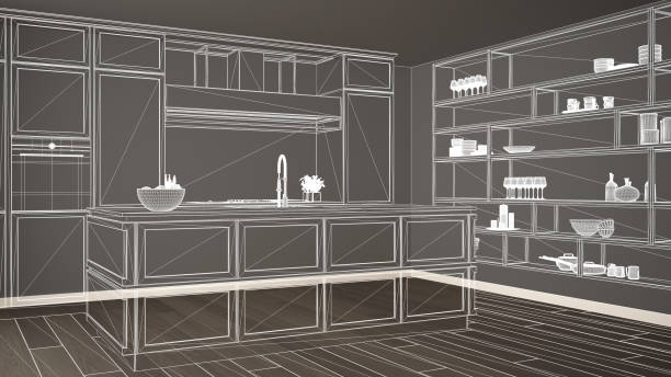 istock Empty white interior with parquet floor, custom architecture design project, white ink sketch, blueprint showing classic kitchen 1136188888